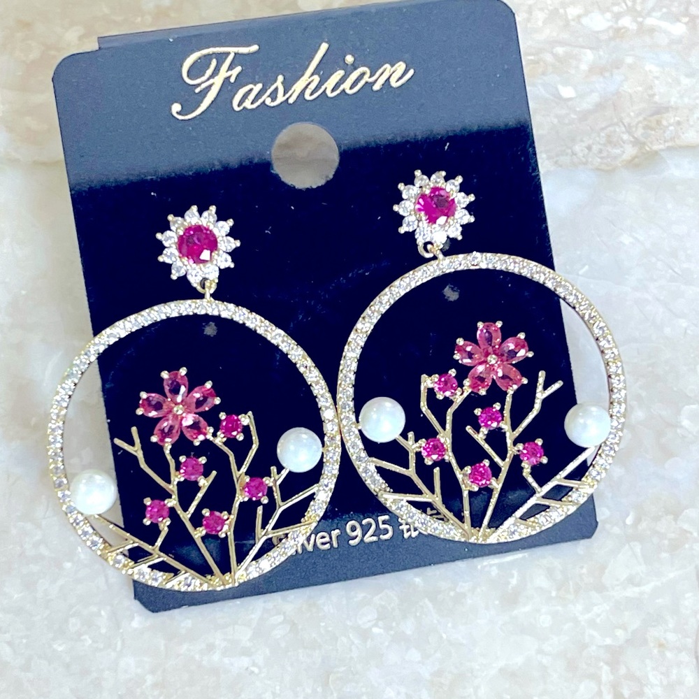 Floral Dangling Hoops gold earrings cz stones faux pearls